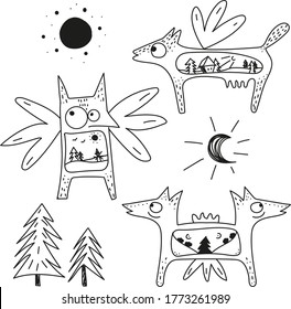 Set of animal elements. Wolves. Forest.