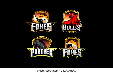 Logotipo del conjunto de emblemas animales. Fox, Panther, vector Bull