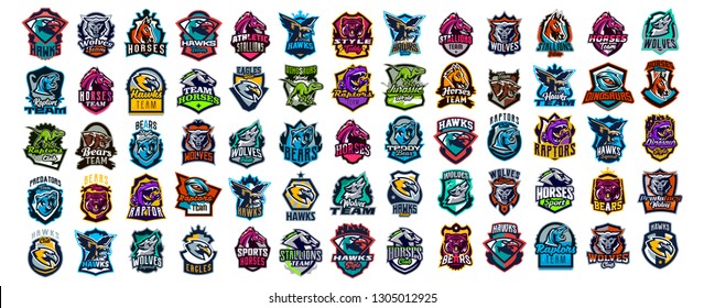 Set of animal emblems. Bear, dinosaur, eagle, leopard, wolf, horse, fox, lion, grizzly, raptor, hawk, jaguar, cat, lynx, leo, stallion, birds. Sports mascots, colorful collection, vector illustration