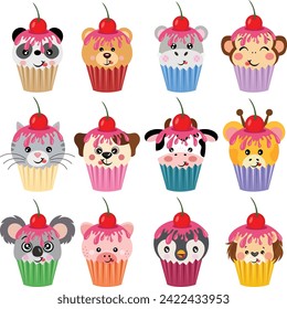 Set of animal face cupcake
