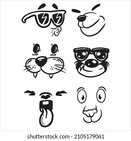 Conjunto de ilustraciones de elementos faciales animales en estilo de dibujos animados, ilustración de vector dibujada con mano blanca negra