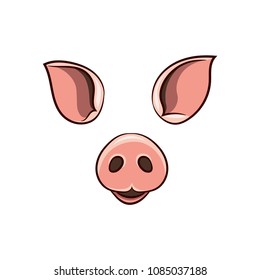 A set of animal face elements. The design of the ear and nose. The pig mask. Vector illustration. Isolated images on white background.