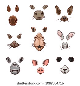 A set of animal face elements. The design of the ear and nose. Mask horse, cow, dog, cat, camel, hare, monkey, pig, Panda. Vector illustration. Isolated images on white background.