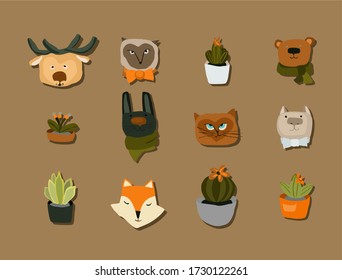 Set of animal face illustrations: bear, hare, fox, cat, deer, owl and potted flowers.