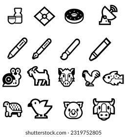 set of animal face and pencils with black color