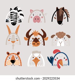 Gesichtsset für Tiere. Diese Illustrationen eignen sich für, drucken, sublimieren, T-Shirt, Postkarte, bedruckbar, Schreibwaren und vieles mehr. Vektorflache Illustration. 