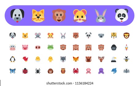 Set of animal faces, face emojis, stickers, emoticons. Vector illustration symbol, flat style icons.