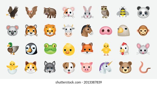 Eine Reihe von tierischen Gesichtern, Gesichtsemojis, Aufkleber, Emoticons. 