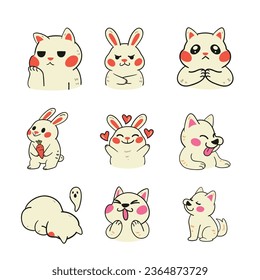 Set of animal faces, face emojis, stickers, emoticons. Vector illustration set with cats faces in flat style with contour. Animal grimaces for social networks