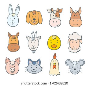 Set Of Animal Faces On White, Cartoon Drawing Of Farm Baby Animals With Outline.