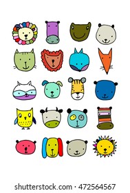 Set of animal faces, sketch for your design