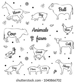 set of animal farm icons, silhouette line of animals with inscription