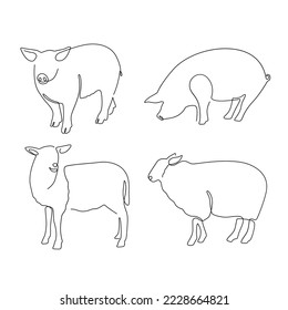 set of animal farm pig and sheep line art , hand drawn for logo design.