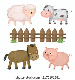 Set of animal in farm sheep, cow, horse and pig in watercolor painting on white background for postcard design, vector illustration