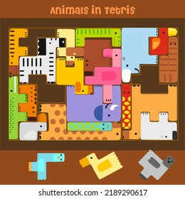 A set of animal figures in the Tetris game. Guess the animal puzzle. Tetris in the form of animals. Elephant, giraffe, pigeon, flamingo, tiger, duck, lion, snake and others.