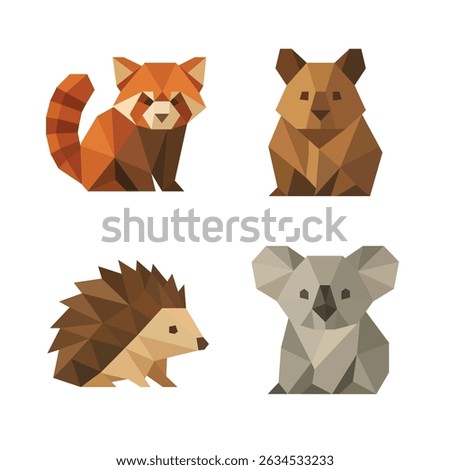 set of animal flat illustration origami style red panda quokka hedgehog koala