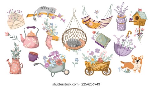 Set animal flowers and objects spring. Clipart, isolated image. Vector illustration.