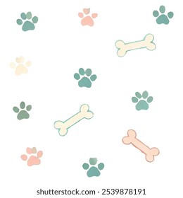 Set of animal footprints and bone element for kid. Vector trendy hand drawn childish elements for stickers, patterns, banners