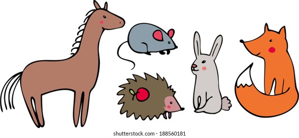 set with animal, fox, horse, bunny, mouse and crew cut,