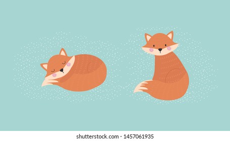 Set of animal foxes. Vector illustration for printing on a postcard, in books, fabric, clothes, dishes, Wallpaper. Cute baby background.
