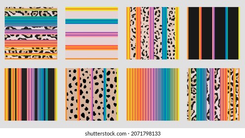  Set of  animal fur and rainbow stripes seamless pattern with cheetah spots and jaguar skin texture. Trendy fabric design collection.