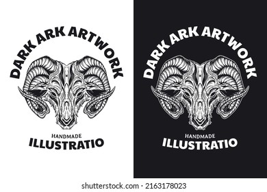 Set Animal Goat Beast Dark Art Hand drawn Hatching Outline Symbol Tattoo Merchandise T-shirt Merch vintage
