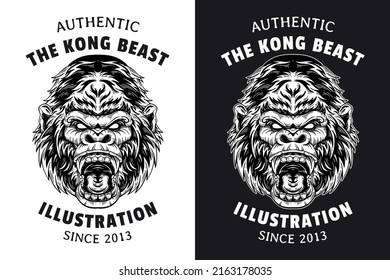 Set Animal Gorilla Kong Monkey Beast Dark Art Hand drawn Hatching Outline Symbol Tattoo Merchandise T-shirt Merch vintage