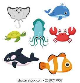 Set of Animal group of sea creatures, fish, Stingray, Whale, Squid, Turtle, Crab, Shark, Clownfish on white background, cute cartoon lovers character, flat vector illustration