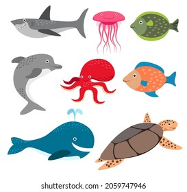 Set of Animal group of sea creatures, fish, Shark, dolphin, squid, whale, turtle, on white background, cute cartoon lovers character, flat vector illustration