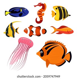 Set of Animal group of sea creatures, fish, jellyfish and Clownfish on white background, cute cartoon lovers character, flat vector illustration