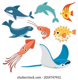 Grupo de animales criaturas marinas, peces, ballenas, delfines, angelotes, focas, gambas, pez globo, calamar, gris sobre fondo blanco, personaje adorable de los amantes de las caricaturas, ilustración vectorial plana