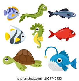 Set of Animal group of sea creatures, Clownfish, angelfish, seahorses, turtles on white background, cute cartoon lovers character, flat vector illustration