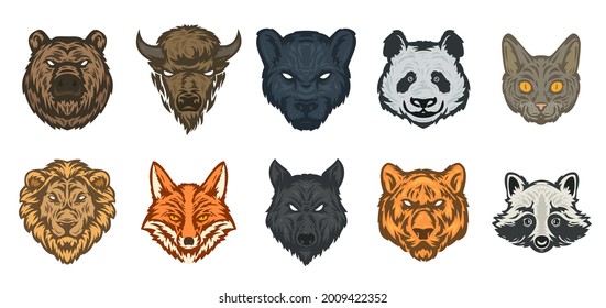 Set of animal head in hand drawn sketch color style isolated on white color. Bear, bison, panther, panda, cat, lion, fox, wolf, tiger, raccoon. Modern graphic design element. Vector illustration.