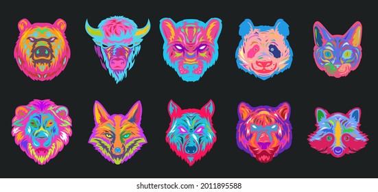 Set Of Animal Head In Hand Drawn Sketch Color Style Isolated On Black Color. Bear, Bison, Panther, Panda, Cat, Lion, Fox, Wolf, Tiger, Raccoon. Modern Pop Art Design Element. Vector Illustration.