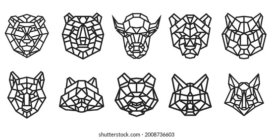 Set Of Animal Head From Lines In Geometric Polygonal Style Isolated On White Color. Bear, Bison, Panther, Panda, Cat, Lion, Fox, Wolf, Tiger, Raccoon. Modern Graphic Design Element. Vector Art.