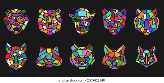 Set Of Animal Head From Lines In Geometric Polygonal Style Isolated On Black Color. Bear, Bison, Panther, Panda, Cat, Lion, Fox, Wolf, Tiger, Raccoon. Modern Graphic Design Element. Vector Art.