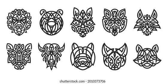 Set Of Animal Head From Lines In Geometric Monochrome Style Isolated On White Color. Bear, Bison, Panther, Panda, Cat, Lion, Fox, Wolf, Tiger, Raccoon. Modern Graphic Design Element. Vector Art.