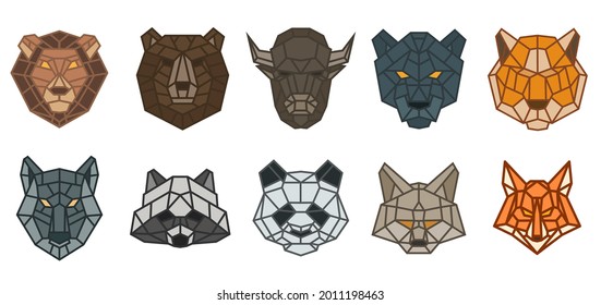 Set Of Animal Head From Lines In Geometric Polygonal Style Isolated On White Color. Bear, Bison, Panther, Panda, Cat, Lion, Fox, Wolf, Tiger, Raccoon. Modern Graphic Design Element. Vector Art.