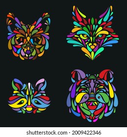 Set of animal head from particles or leaves in ornamental decorative colorful style isolated on black color. Cat, fox, raccoon, panda. Modern pop art graphic design element. Vector illustration.