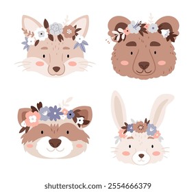 Set of animal head.Animals in floral wreaths in boho style and in pastel colors. Fox, raccoon, bear, hare.