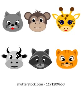 Set of animal heads. Artwork idea for baby products, badges, stickers, circle magnets.
