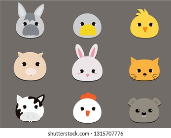 Set of animal heads. Artwork idea for baby products, badges, stickers, circle magnets.