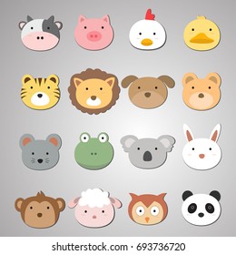 Set of animal heads. Artwork idea for baby products, badges, stickers, circle magnets.