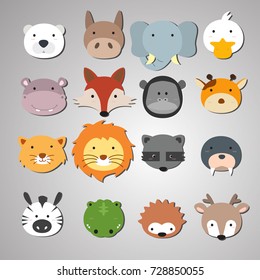 Set of animal heads. Artwork idea for baby products, badges, stickers, circle magnets.