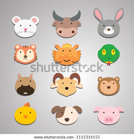 Set of animal heads. Artwork idea for baby products, badges, stickers, circle magnets.