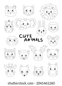 A set of animal heads in a childish cartoon style. Icons, simple outlines for decor, clip art, logo. Cute Fox, giraffe, elephant, lion, panda. Silhouette, sketch vector illustration.