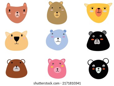 Set of animal heads collection.Characters portrait cute animal faces on white background.portraits,
Emoji funny animal, Logo, sticker,Kawaii,Vector Funny cartoon and animal heads concept.