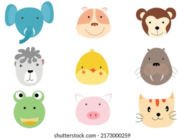 Set of animal heads collection.Characters portrait cute animal faces on white background.portraits,
Emoji funny animal, Logo, sticker,Kawaii,Vector Funny cartoon and animal heads concept.