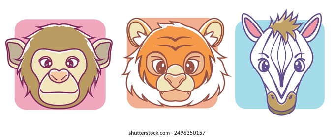 set of animal heads monkey tiger zebra. Cartoon Vector Icon Illustration mascot animal nature Isolated