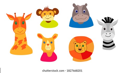 Set of animal heads. Several animals are isolated on a white background. Vector hand-drawn illustrations in cartoon style, collection for children's graphics. 